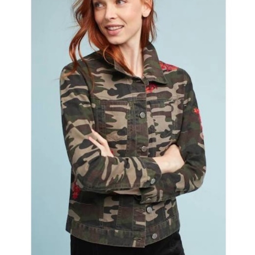 Pilcro and the Letterpress Anthropologie Camouflage Jacket Red Floral Embroidery